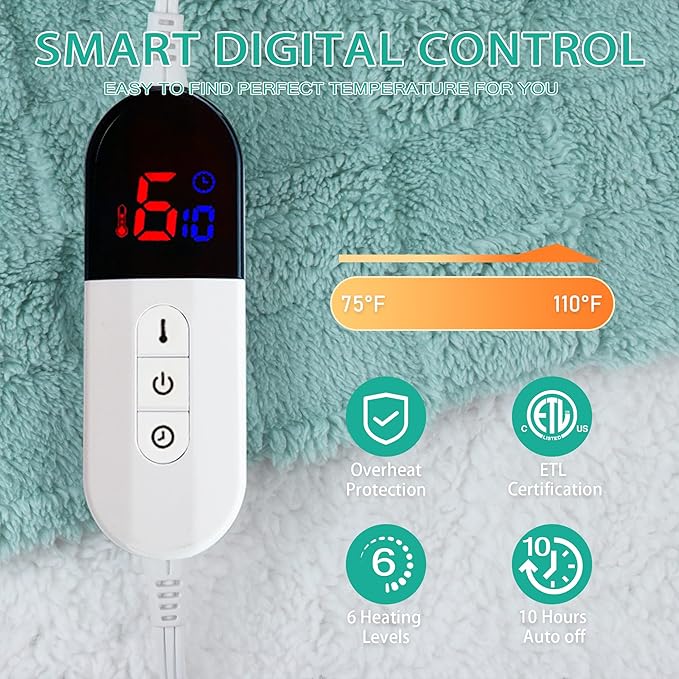 Electric Blanket, Heated Blanket with 6 Heat Levels & 10 Hours Auto Off, Soft Checked Flannel Fast Heating Blanket with ETL & FCC Certification (Green, 84"X90")