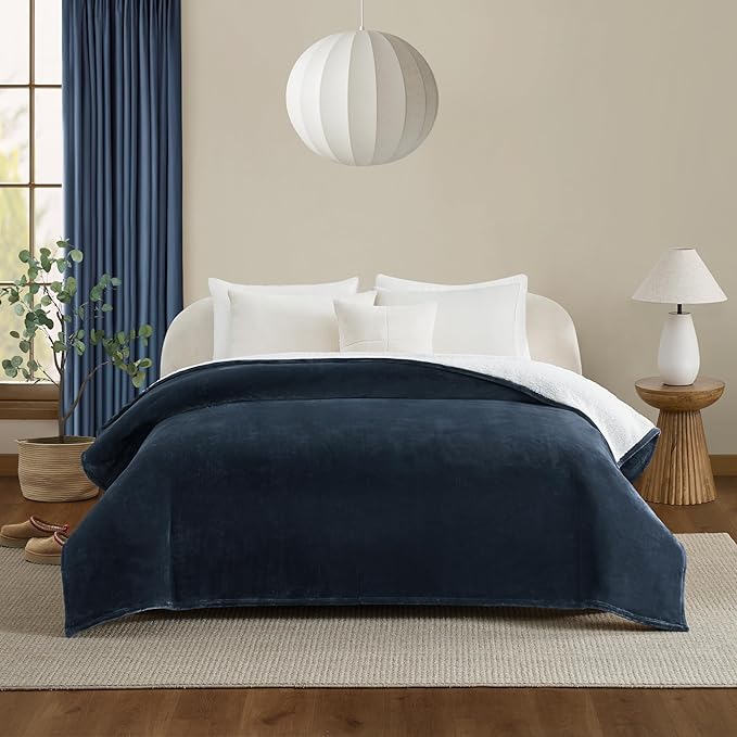 UGG Ariana Full/Queen Blanket Fleece Fluffy Reversible Soft Fuzzy Bedding Cozy Plush Warm Oversized Blanket Machine Washable Bedroom Decor for Big Couch or Bed, 90-inch x 90-inch, Navy Blue