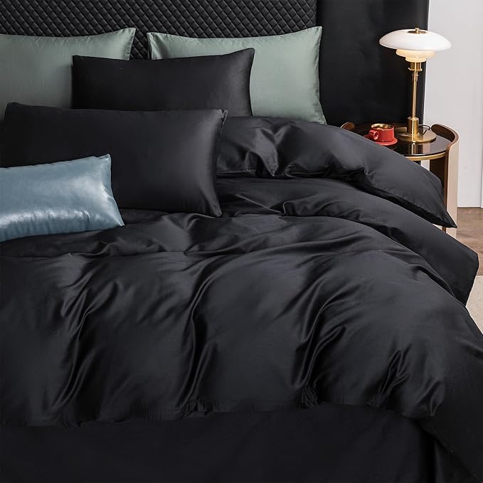 MooMee Duvet Cover Set 100% Extra Long Staple Cotton 600 Thread Count Silky Sateen Smooth Luxury Soft Breathable Durable Hotel Quality Bedding, 3 Pieces (Black, Full 80"x90")