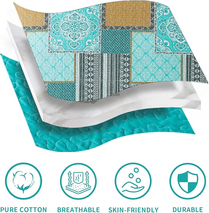 BEDIFANY Cotton Queen Size Quilt, Lightweight Bedspread Queen Size, Teal, Quilted Coverlets Queen Quilt Bedding Sets for Bed Decorations for All Seasons. 3 Pieces