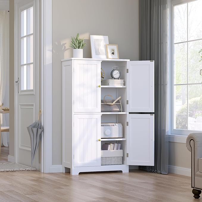 Bathroom Floor Storage Cabinet, 44.5" Freestanding Bathroom Cabinet with 4 Doors and Adjustable Shelves Modern Cupboard for Entryway, Living Room, Kitchen (White)