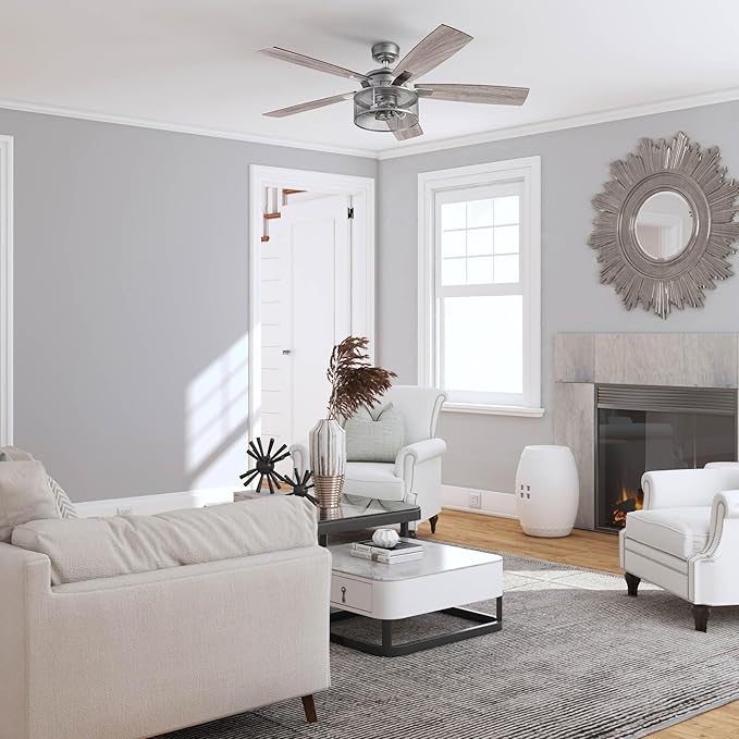 Honeywell Ceiling Fans Carnegie, 52 Inch Industrial Style Indoor LED Ceiling Fan with Light, Remote Control, Dual Mounting Options, 5 Dual Finish Blades, Reversible Airflow - 51460-01 (Silver)