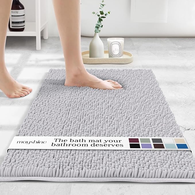 MAYSHINE Plush Shaggy Chenille Bath Mat | Extra Soft, Super Absorbent, Non-Slip Bathroom Rug | Fluffy Microfiber, Area Rug Sets for Bathroom Floor, Kitchen, Living Room | 32"x20" | White