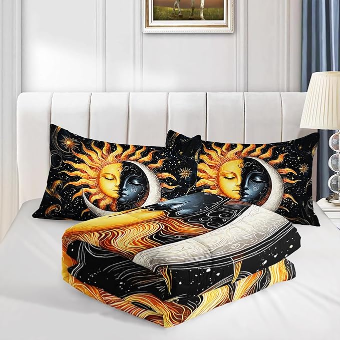Sun and Moon Bedding Set Queen Size,Yellow Galaxy Celestial Bedding for Kids Boys Girls Teens Room Boho Decor,Black and Yellow Fluffy Comforter Sets with 2 Pillowcases.