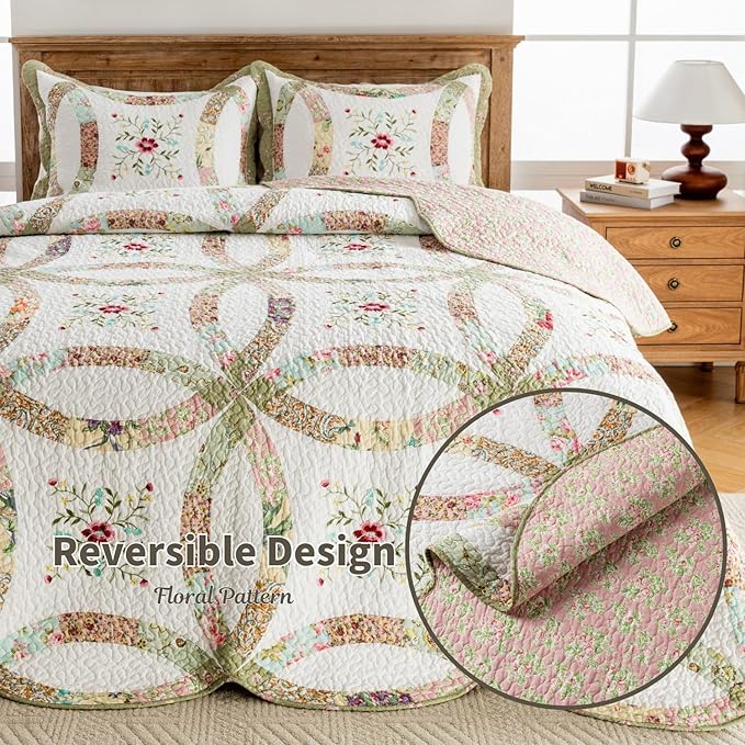 meadow park Cotton Real Patchwork Embroidery Quilt Set 3-Piece. 100% Washed Cotton. 461 Hand Cut Patches. Embroidery and Allover Quilting. Reversible Coverlet Set. (King)
