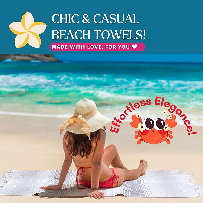 Native Fab Grey Stripe Beach Towels Set - 6 Pack - 40 x 71 Inches - 100% Cotton Quick Dry Lightweight - Extra Large Peshtemal Turkish Towel for Adults, Travel, Bath, Spa, Pool, Summer - Gray