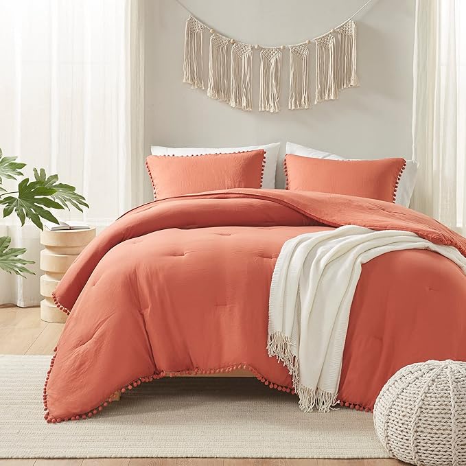 Codi Terracotta King Comforter Set - Boho Chic Bedding with Elegant Pom Fringe, Soft Washed Microfiber 3pc Luxury Set, Lightweight & Breathable for Master Bedroom, 1 Comforter & 2 Pillow Shams