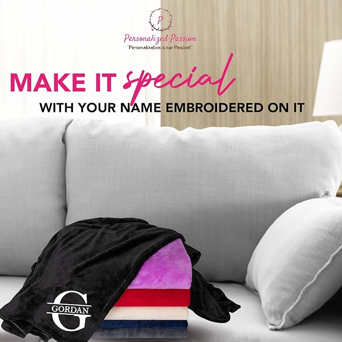 Personalized Passion Blankets with Custom Name & Initial Monogram - Super Soft and Cozy Fleece - Unisex Custom Blanket for Him and Her - 60x40 Inches - Black