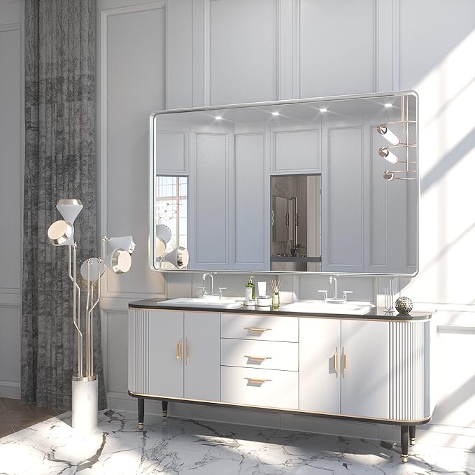 TETOTE 60 x 36 Inch Silver Wall Mirror, Brushed Silver Modern Decorative Rectangular Framed Large Farmhouse Vanity Mirrors for Bathroom Living Room (Horizontal/Vertical)