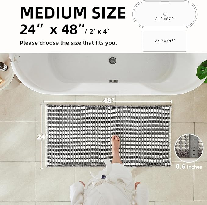 Waffle Bath Mat, Boho Bathroom Rugs Non Slip Washable Super Absorbent Quick Dry Bath Mat Farmhouse Bathroom Decor, 48"x24" Grey and White