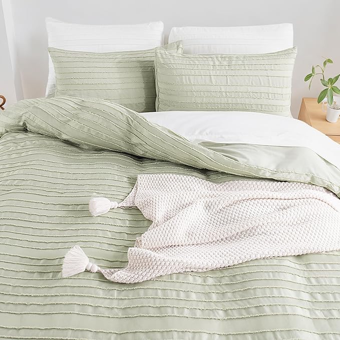 NEXHOME PRO Duvet Cover King Size, Blue 3 Pieces Boho Tufted Duvet Cover Set, Soft and Lightweight Microfiber Comforter Cover Set for All Season (Sage Green,104 x 90)-No Comforter