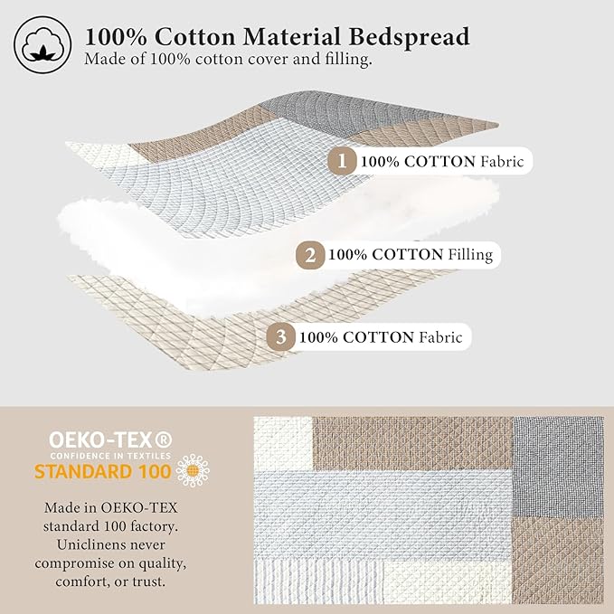 Uniclinens Quilt Set King Size, 100% Cotton Quilted Quilt Bedding Set Bedspread, Real Patchwork Plaid Quilt, Lightweight Quilted Comforter Set, 3 Pieces Set with 2 Pillowshams, Brown/Beige/Gray