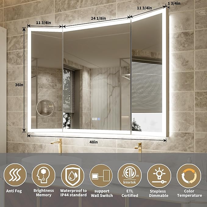 48x36 Trifold Bathroom Mirror with Lights with Removable Magnifier, 180° Foldable LED Mirror for Bathroom, Front&Backlit, Wall Mounted, Stepless Dimming, Color Temper Change, Anti Fog