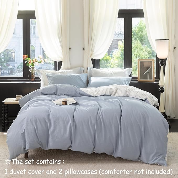Reversible Duvet Cover Set 100% Washed Cotton Sky Blue Stripe Linen Feel Duvet Cover King Size with Zipper Closure & 2 Pillow Shams,Sky Blue/White Stripe Reverse Solid Sky Blue