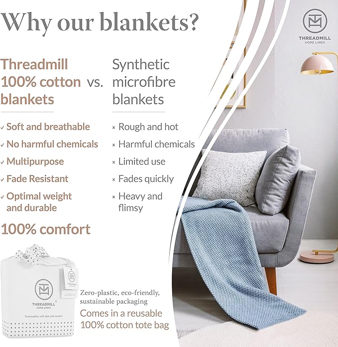 Threadmill Luxury Cotton Blankets for King Size Bed | All-Season Cozy 100% Cotton King Size Blanket | Herringbone Soft Fall Thermal Blanket fits California King Size Bed, 106x92 | Beige