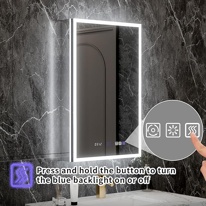 Lighted Medicine Cabinet with Mirror 20"x32" Recessed LED Medicine Cabinet Mirror, Front&Backlit, 3-Color Temperatures，Stepless Dimming, Anti-Fog, Magnifier, 2 Outlets, Storage Shelves, Left Hinge