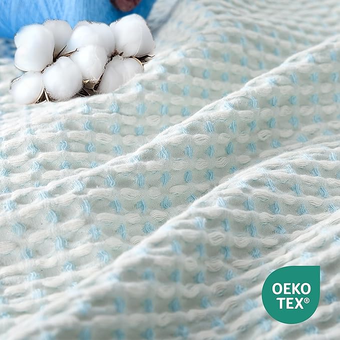 EGOHOME 100% Cotton Queen Size Blankets for Bed,Soft Jacquard Waffle Weave Blanket,Lightweight and Breathable Unique Dual-Tone Texture Cotton Blanket for All Seasons-Angel Falls Blue,90 x 90 Inches