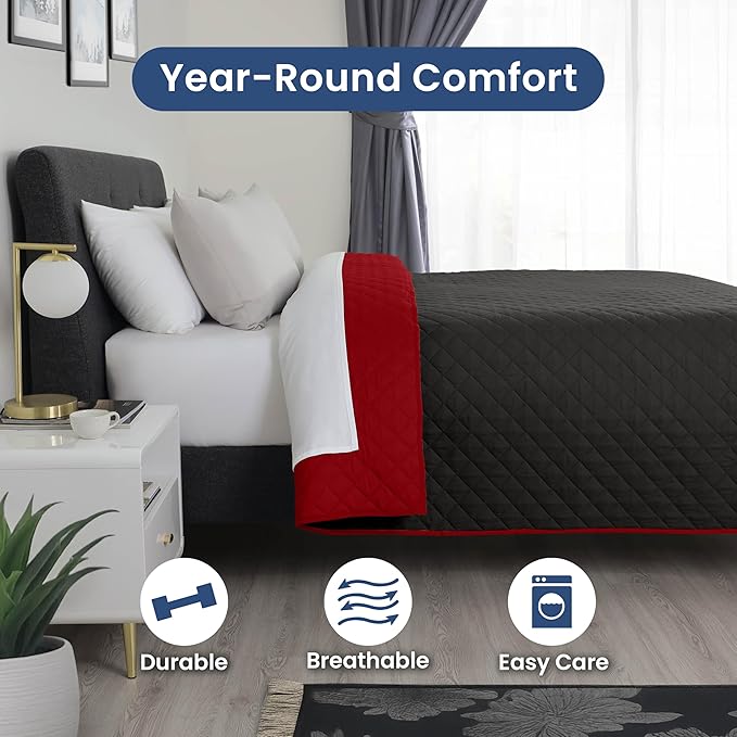 Martex Reversible Coverlet – Full Queen Size Quilt - Lightweight Full Size Bedding– Durable Queen Size Quilts for Bed – Soft - Easy Care Bedding – Ebony/Red