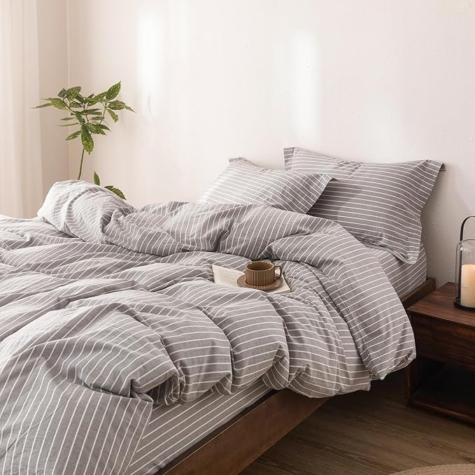Stripe Duvet Cover Queen Size 90inch x 90inch, 100% Washed Cotton Linen Feel Pinstripe Duvet Cover with Zipper Closure and 2 Pillowcases, Color of Grey and White Stripe