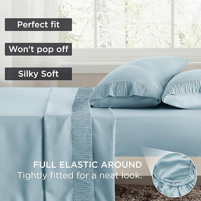 Bedsure Full Size Bed Sheets - 4 Pieces Soft Full Sheet Set - Breathable & Cooling - Hotel Luxury - Easy Care Polyester Microfiber Bedding for Women, Men, Light Blue