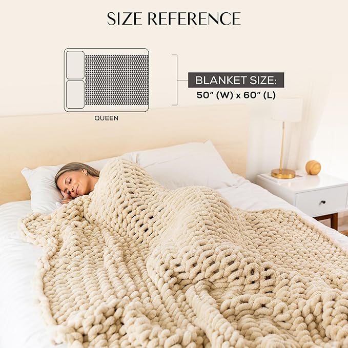 SAMIAH LUXE Chunky Knit Blanket Throw 50x60", Cream Chenille Chunky Knit Throw Blanket for Living Room Decor or Boho Decor, Thick Yarn Knitted Blankets for Couch or Bed, Cable Knitted Crochet Blankets