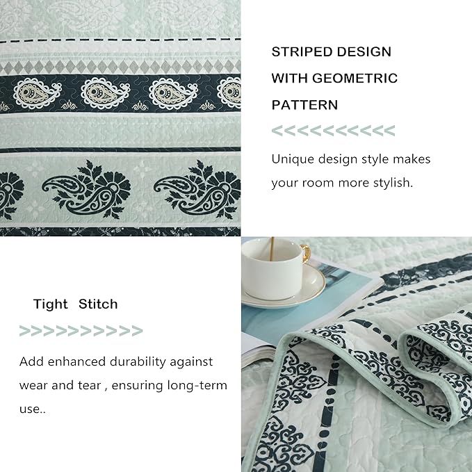 Green Quilt King Size, Cotton King Size Comforter Set, Striped Pattern Bedding, Green King Bedspread, Lightweight Reversible Coverlet All Season