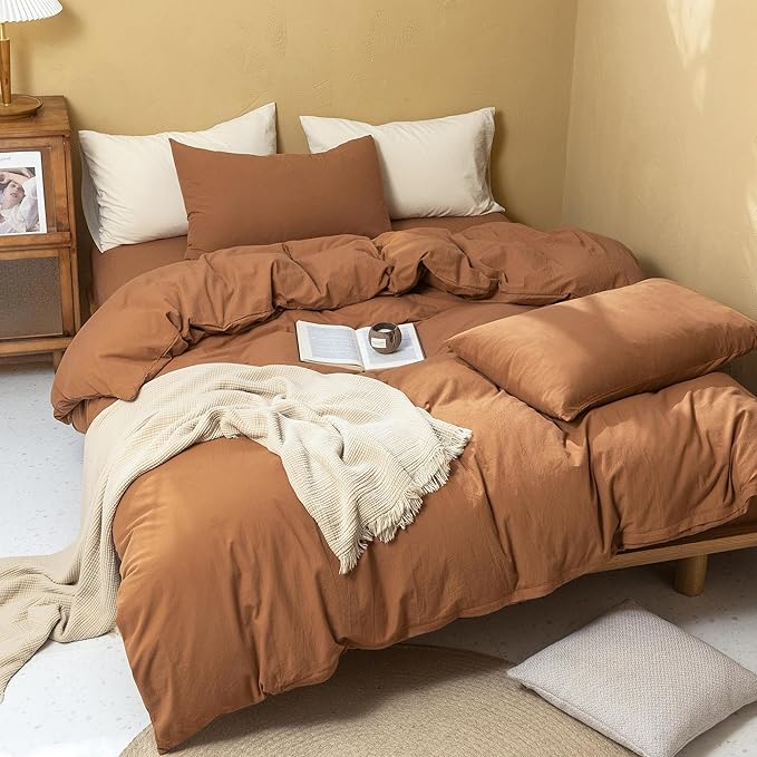 FOSSA Duvet Cover Set 100% Washed Cotton Linen Feel Super Soft Breathable Cozy Simple Style 3 Pieces Bedding Sets Solid Dark Orange Super Queen