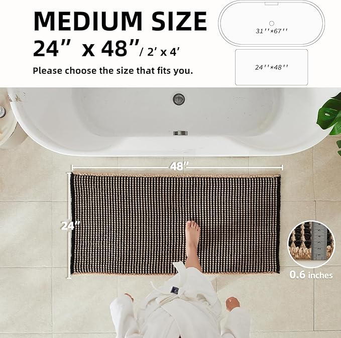 Waffle Bath Mat, Boho Bathroom Rugs Non Slip Washable Super Absorbent Quick Dry Bath Mat Farmhouse Bathroom Decor, 48"x24" Khaki and Black