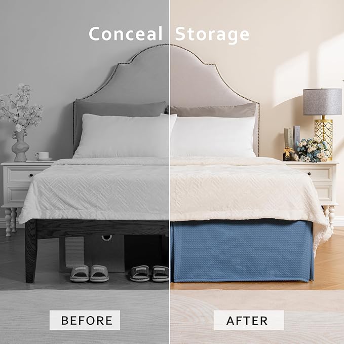 MIYE Pleated Waffle Weave Bed Skirt, Tailored Dust Ruffle 22 Inch Drop Easy Fit, Machine Washable (Blue, TwinXL - 22" Drop)