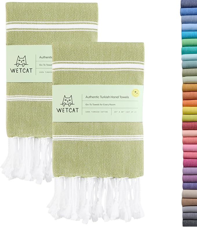 WETCAT Turkish Hand Towels with Hanging Loop, Set of 2 (20" x 30") 100% Turkish Cotton, Pre-Washed, Quick Drying, for Kitchen or Bathroom - Sage Green