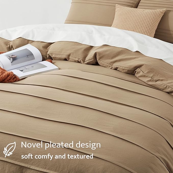 Oli Anderson Khaki Duvet Cover Queen Size - Pleated Queen Duvet Cover, 3PCS Soft and Breathable Textured Bedding Set with Zipper Closure(Khaki,90"x90")