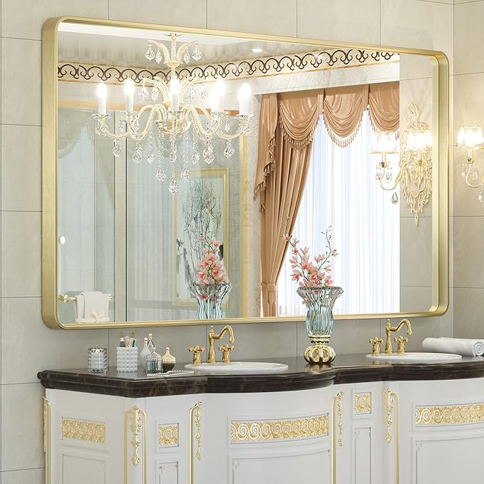 TETOTE 60 x 36 Inch Mirrors for Bathroom, Brushed Brass Gold Vanity Mirror, Large Rectangular Metal Frame Modern Wall Mirror for Living Room Shatterproof (Horizontal/Vertical)