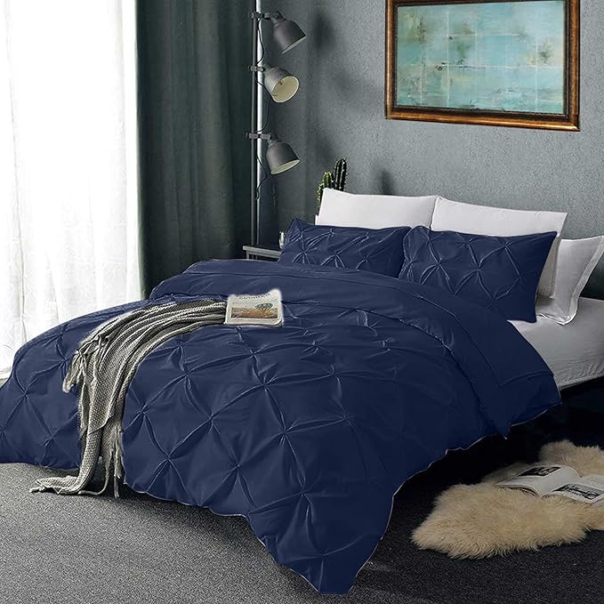 Pinch Pleated Duvet Cover Set 100% Cotton 3PC Full Size 80x90 Duvet Cover Set, Decorative Pinch Design Navy Blue Duvet Cover with Matching Pillow Case