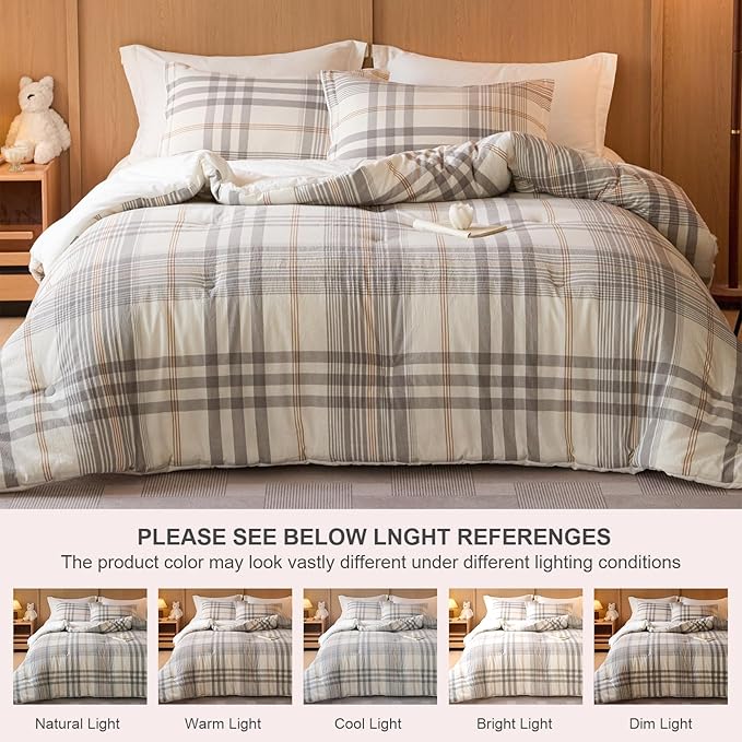 100% Cotton Comforter Set Queen Size – Reversible Yarn-Dyed Checkered Design, Soft Washed Cotton on Both Sides, Lightweight All-Season Bedding, Machine Washable(Grey White Plaid, 90”x90”)