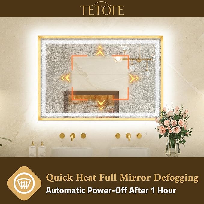 TETOTE 72 x 32 Large Bathroom Mirror Brushed Gold Metal Frame Frontlit & Backlit Vanity Mirror 3 Colors White/Warm/Natural Stepless Dimmable Anti-Fog Bathroom Mirrors for Vanity Wall-Mounted