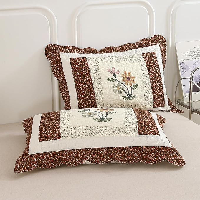 vctops 3 Piece Embroidered Floral Quilted Bedspread Quilt Set 100% Cotton Reversible Patchwork Coverlet Set 1 Quilt and 2 Pillow Shams (Coffee,Queen)