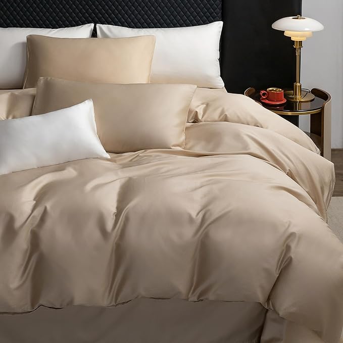 MooMee Duvet Cover Set 100% Extra Long Staple Cotton 600 Thread Count Silky Sateen Smooth Luxury Soft Breathable Durable Hotel Quality Bedding, 3 Pieces (Taupe, Queen 90"x90")