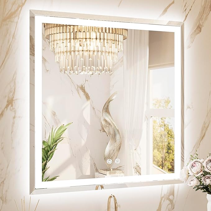 TETOTE Led Bathroom Mirror 36 x 36 Inch, Beveled Lighted Bathroom Vanity Frameless Mirror with Extra-Bright Lights, Frontlit & Backlit, Defogging, 3-Color Dimmable, Tempered Glass, Waterproof
