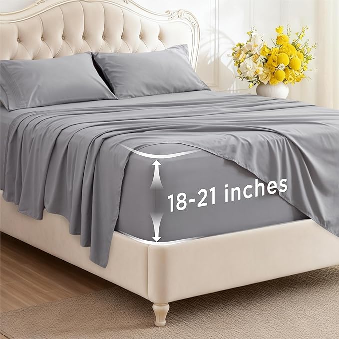 Bedsure Deep Pocket California King Sheet Sets - Fits Mattresses Up to 21 Inches Thick - 4 Piece Bed Sheets, Moisture Wicking, Soft & Cooling Bedsheet & Pillowcases, Easy & Secure Fit, Light Grey