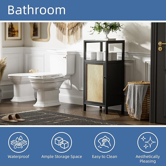 HITNET Bamboo Floor Cabinet, Small Bathroom Storage Cabinet with Single Rattan Door, Narrow Side Storage Organizer Unit Freestanding Space Saving Kitchen Cupboard, Black