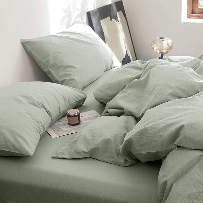 FOSSA Duvet Cover Set 100% Washed Cotton Linen Feel Super Soft Breathable Cozy 3 Pieces Bedding Sets Solid Sage Green King