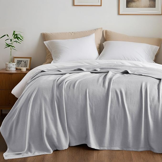 Queen Size Blanket, 70% Rayon (Derived from Bamboo) and 30% Cotton, Lightweight Jacquard Weave, Breathable and Soft Summer Blanket for Bed or Couch, 90” x 90”, Grey