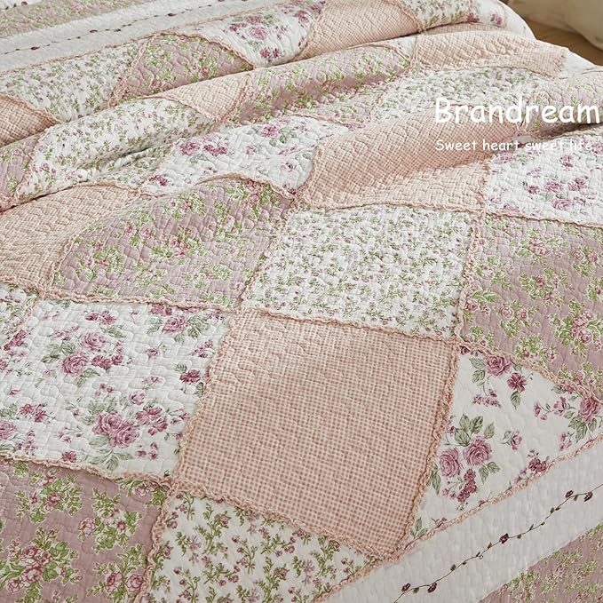 Brandream Queen Size Quilt Set Cotton Patchwork Quilts Blush Pink Country Floral Bedding Patchwork Quilted Comforter Set 3-Piece
