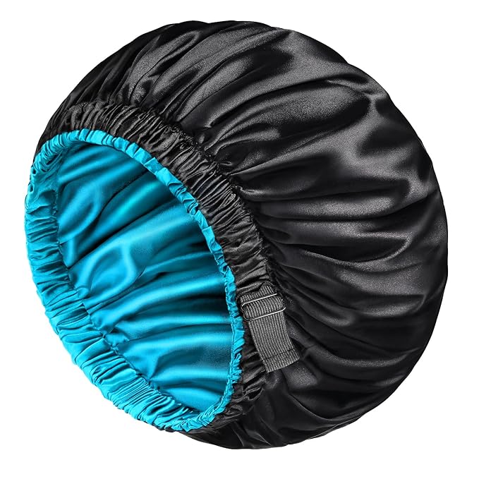 mikimini Satin Bonnet Pack of 2 for Men and Women, Reversible Double Layer Sleeping Silk Bonnet for Curly Hair Braids with Anti-Slip Adjustable Widened Elastic Band Super Large Soft (XL, Black/Blue)