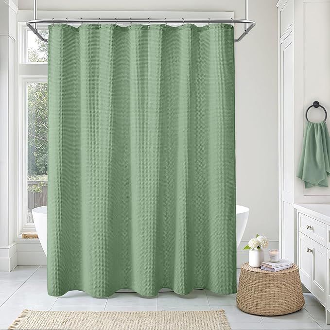 Waffle Weave Shower Curtain - Sage Green Cotton Fabric Texture Heavyweight Shower Curtain for Bathroom,Washable,72Wx72L