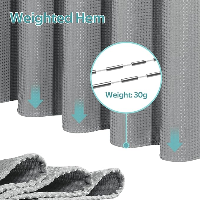 3 in 1 Shower Curtain Set, Waffle Shower Curtain and Liner Set with 12 Double Sided Shower Curtain Hooks, 258GSM Luxury Weighted Cloth Shower Curtains for Bathroom, 72 W x 84 H, Grey