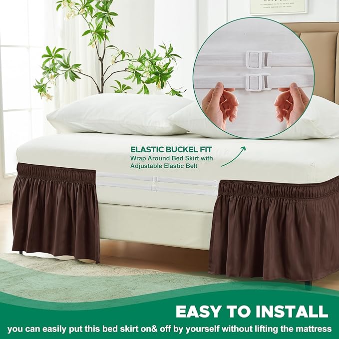 Biscaynebay Wrap Around Bed Skirts for King & Cal King Beds 14" Drop, Brown Adjustable Elastic Dust Ruffles Easy Fit Wrinkle & Fade Resistant Silky Luxurious Fabric Solid Machine Washable