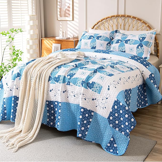 Cmfshape Blue Quilt Sets Bedspread Set 100% Cotton Patchwork Coin Pattern Bedding Set,All Season Use Lightweight Reversible Coverlet Quilts with 2 Pillow Shams(Queen 92"x96")