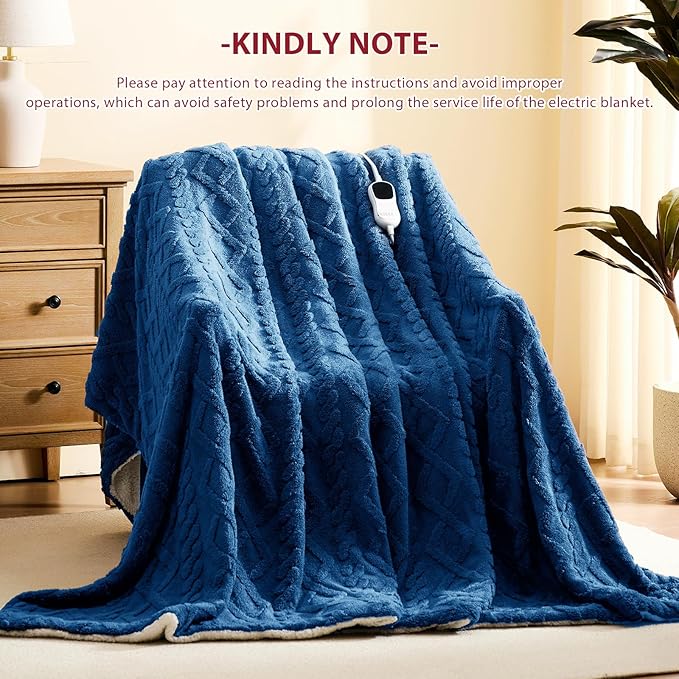 Heated Electric Blanket Twin Size-62"x84" Heating Blanket with 10 Heating Levels & 5 Time Settings Over-Heat Protection，Winter Warmer for Adults with ETL Certification（Blue）