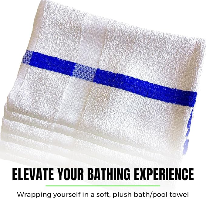 Towels N More 24x48 Soft Poolside Towels - 36 Large Super Absorbent Pool Towel White and Blue Center Stripe - Ideal for Home, Pool, Spa, Gym, Hotel, Motel Rental Room Use - 100% Cotton Bath Towels